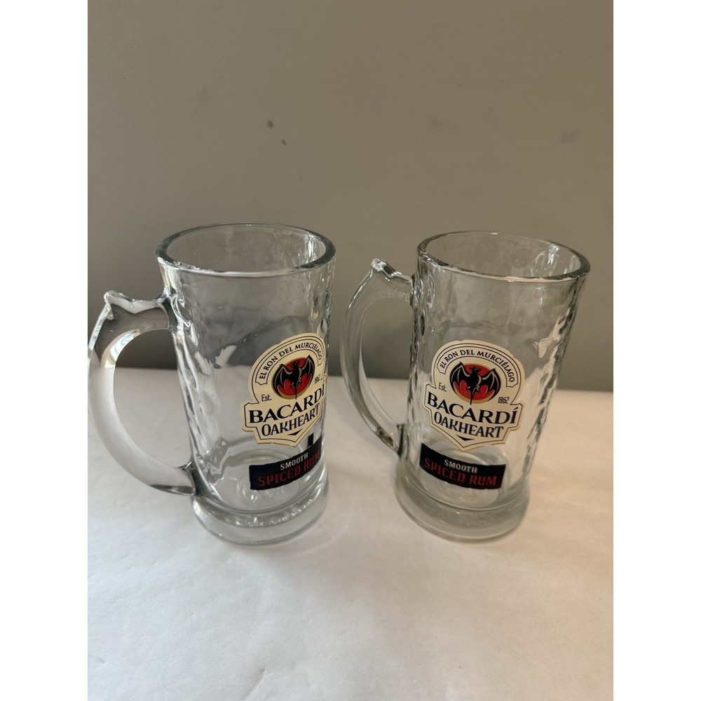 Bacardi Oakheart Set Of 2 Clear Glass Glasses Mug /Handle 16 Oz Smoot Spiced Rum